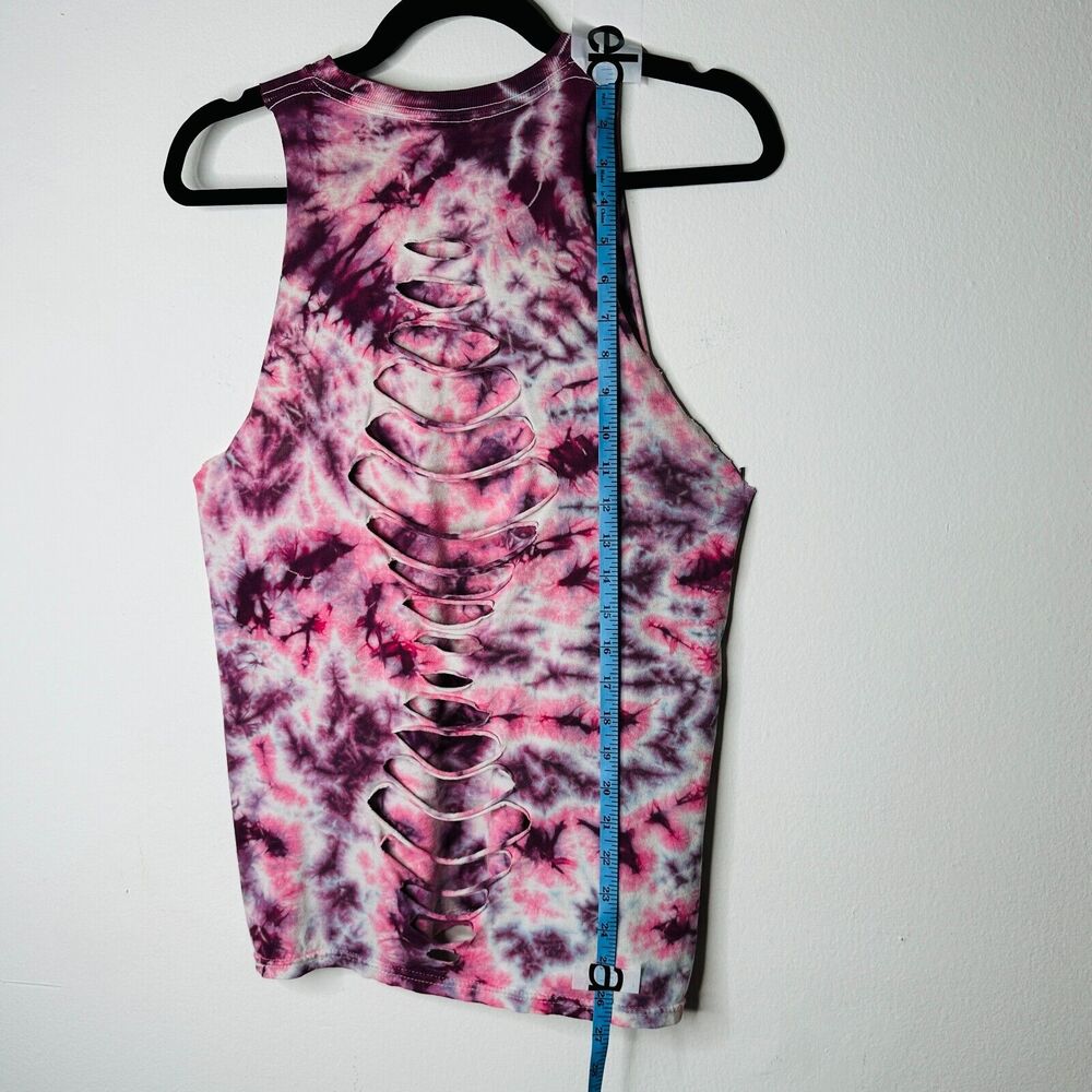 Sleeveless Cropped Hand Cut Out Plum & Pink Cream Tie Dye Crew Neck Top S - Picture 12 of 13